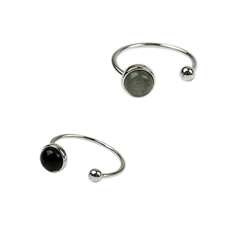 New Simple Style 925 Sterling Silver Round Beads Black Agate Moon Stone Open Size Rings For Women Statement Adjustable Ring