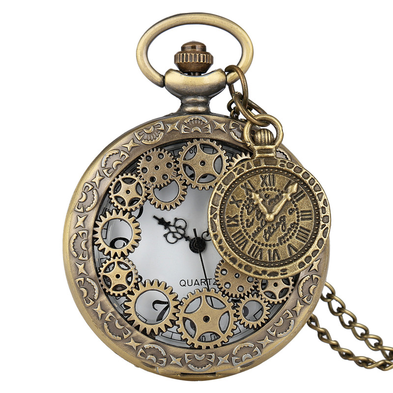 Vine Bronze Hollow Out Gear Case Unisex Quartz Pocket Watch Antique Analog Clock Necklace Chain for Men Women Gift