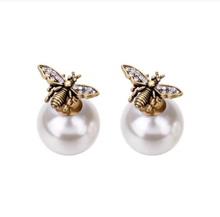 Classic size double-sided Pearl Earrings Sterling Silver needle with Diamond Earrings