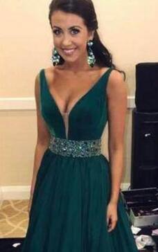 2020 A-Line Deep V-Neck Special Occasion Dresses Chiffon Charming Evening Dresses Hunter Green Prom Dresses Sash With Beaded Sequins