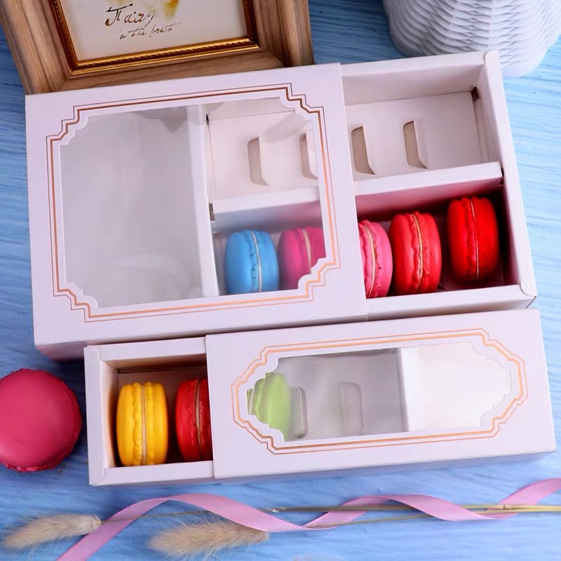 

5/10 Cups White Macaroon paper Drawer box packing with PVC window,Wedding/Birthday party Biscuits gift boxes for guests 10Pcs