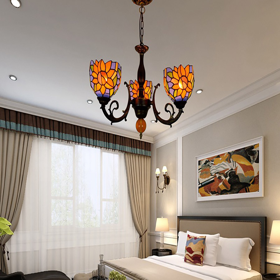 Stained Glass Chandelier Flower Pattern White European Retro Living Room Chandelier Bedroom Kitchen Fairy Lamp Can Be Customized