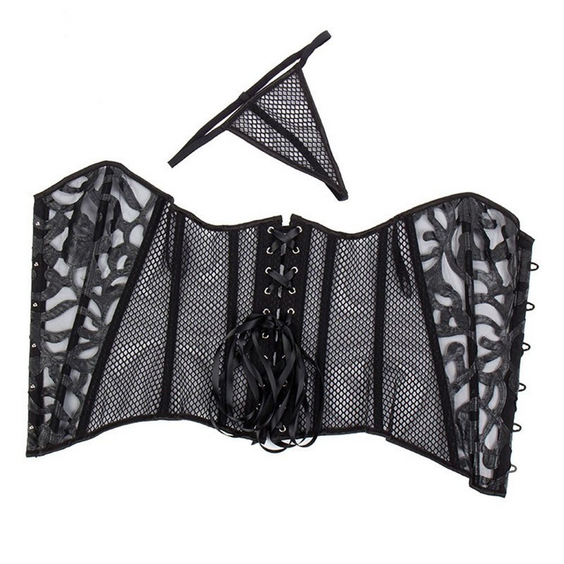 Plus Size Lace Mesh Corset Bustier S-6XL Black White Ultra Light-weight Hollow-out Fish Net Back Overbust Corselet No Ruffle Trim