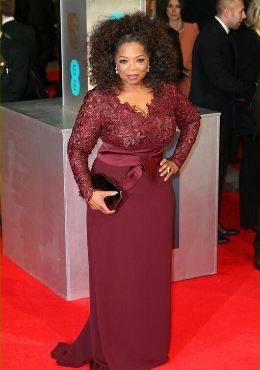 2018 Oprah Winfrey Burgundy Long Sleeves Lace Top Modest Mother of the Bride Evening Dresses Custom Plus Size Celebrity Red Carpet Gowns