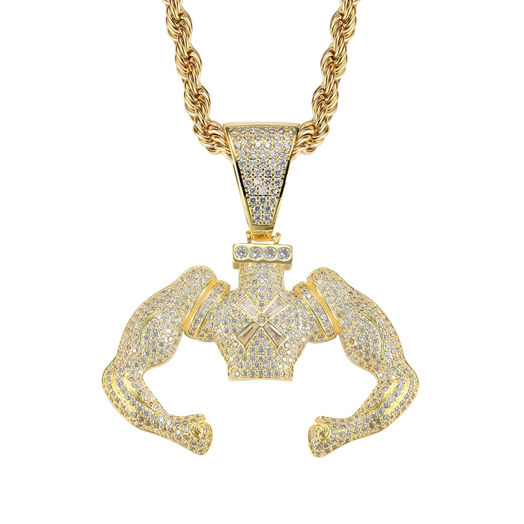 New Style 18K Gold Plated Iced Out CZ Zirconia Muscule Hercule Man Pendant Chain Necklace Hip Hop Rock Rapper Creative Jewelry Gifts for Men
