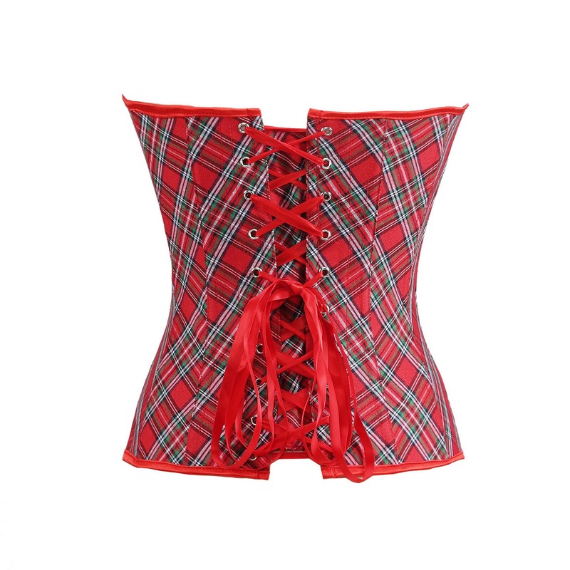 Red Checked Halterneck Corset and G-String Set Women Fashion Plus Size S-6XL British Style Plaid Overbust Lace-up Corsetlet