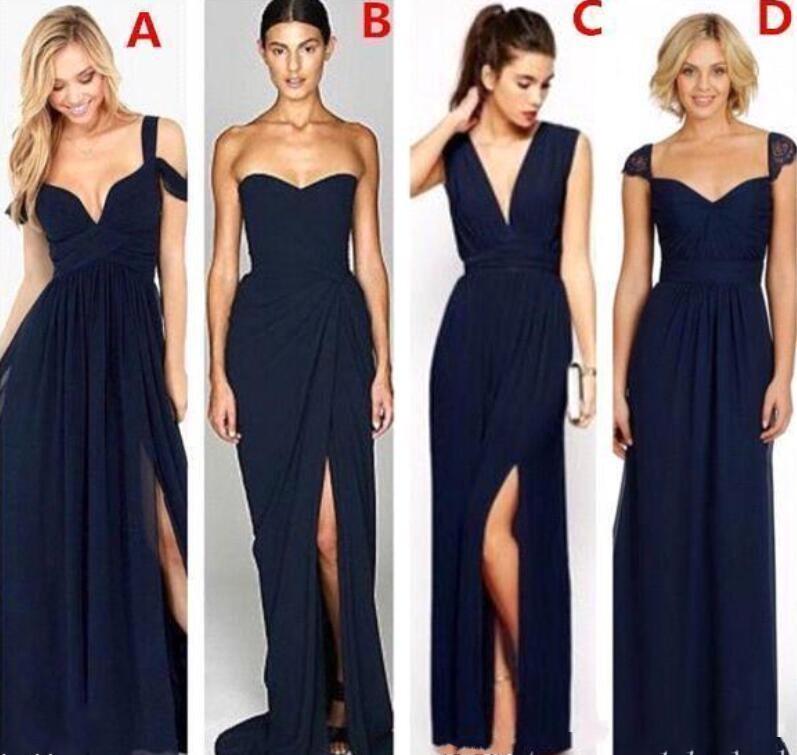 2019 New Navy Blue Chiffon Long Bridesmaid Dresses Lace Mixed Neckline Junior Bridesmaids Dresses Wedding Guest Evening Party Gowns