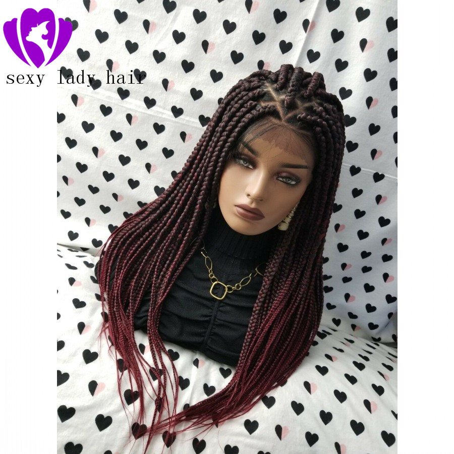 Free part ombre red color Braided Box Braids Lace Frontal Wig Heat Resistant Hair Long Natural full Braided Wigs For Black Women 83