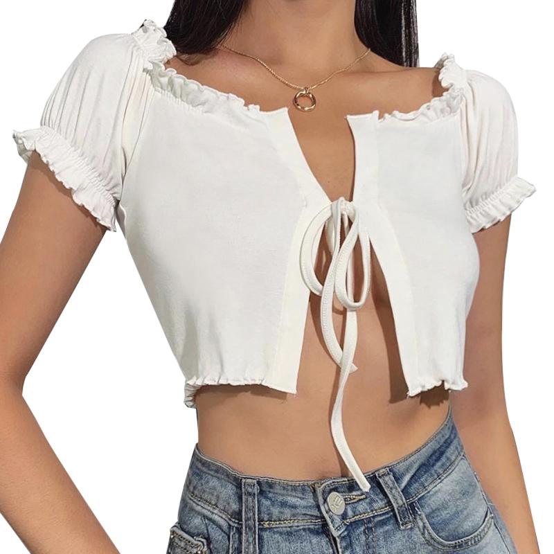 New Women Ladies Lace-up Cardigan Ruffle Sleeves Boat Neck Crop Top Summer Casual Tank Tops White, As pic
New Women Ladies Lace-up Cardigan Ruffle Sleeves Boat Neck Crop Top Summer Casual Tank Tops White, As pic