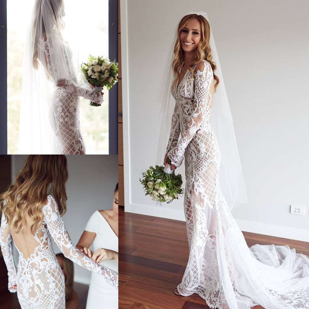 romantic mermaid dresses long sleeves v neck backless lace bridal gowns plus size illusion country wedding dress custom