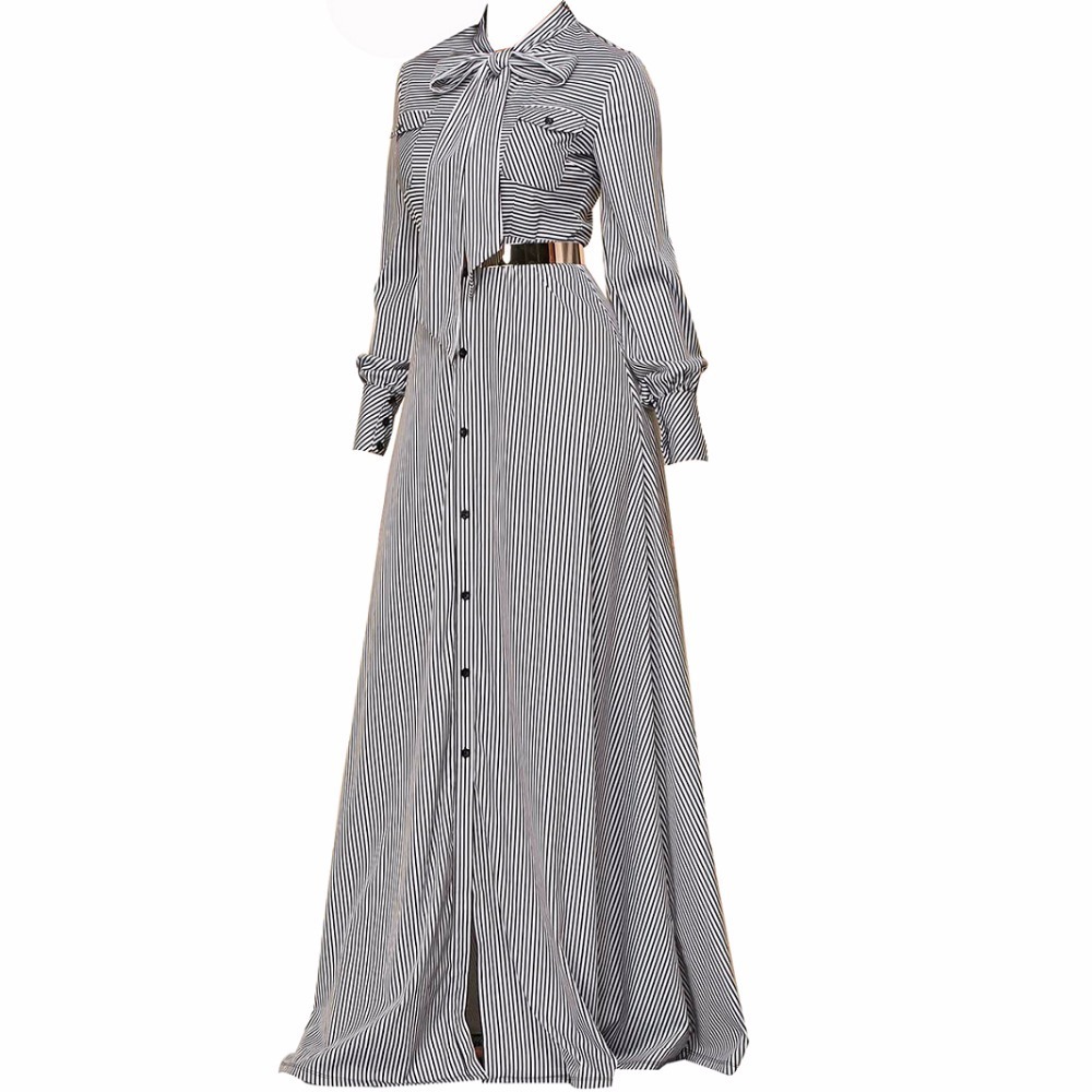 Spring Evening Party Women Black Striped Maxi Shirt Dress Office Lady Work Bowknot Tie Loose Pocket Extra Long Dresses C19041501