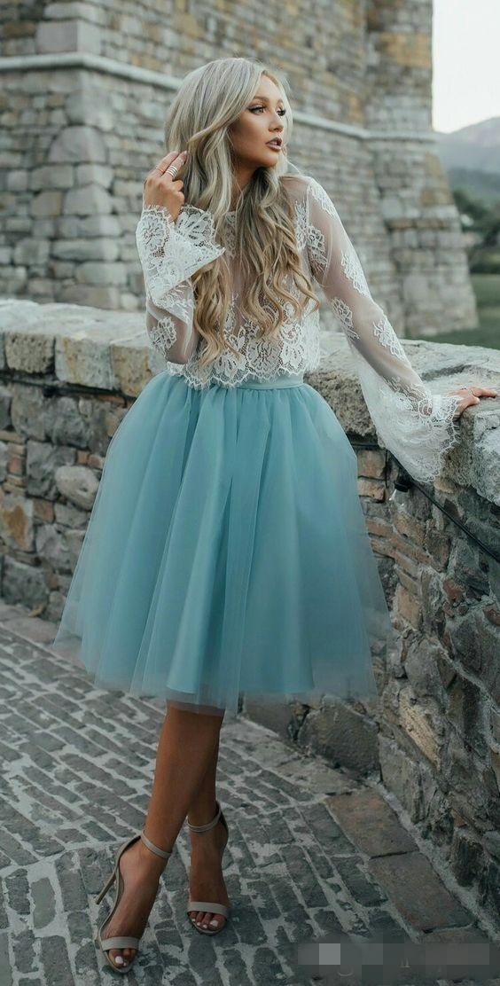 Summer Beach A Line Bridesmaid Dress White Lace Blue Tulle Long Sleeves Short Maid Of Honor Wedding Guest Party Gown