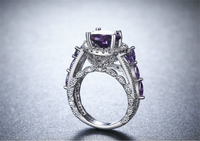 Vecalon Hollow Flower ring 925 Sterling silver Filled Round 2ct 5A Purple Cz Party wedding band rings For women men Jewelry