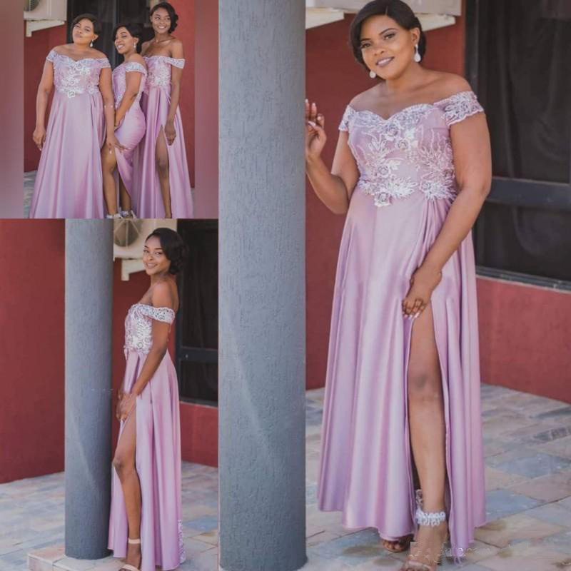 African Plus Size Bridesmaid Dresses Long Side Split Lace Appliques Beads Off The Shoulder Wedding Guest Gowns Spring Maid Of Honor Dress