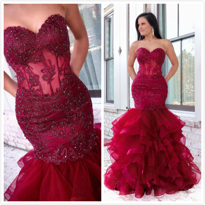 Aso Ebi 2020 Arabic Burgundy Lace Beaded Evening Dresses Mermaid Tiers Prom Dresses Vintage Formal Party Second Reception Gowns ZJ204