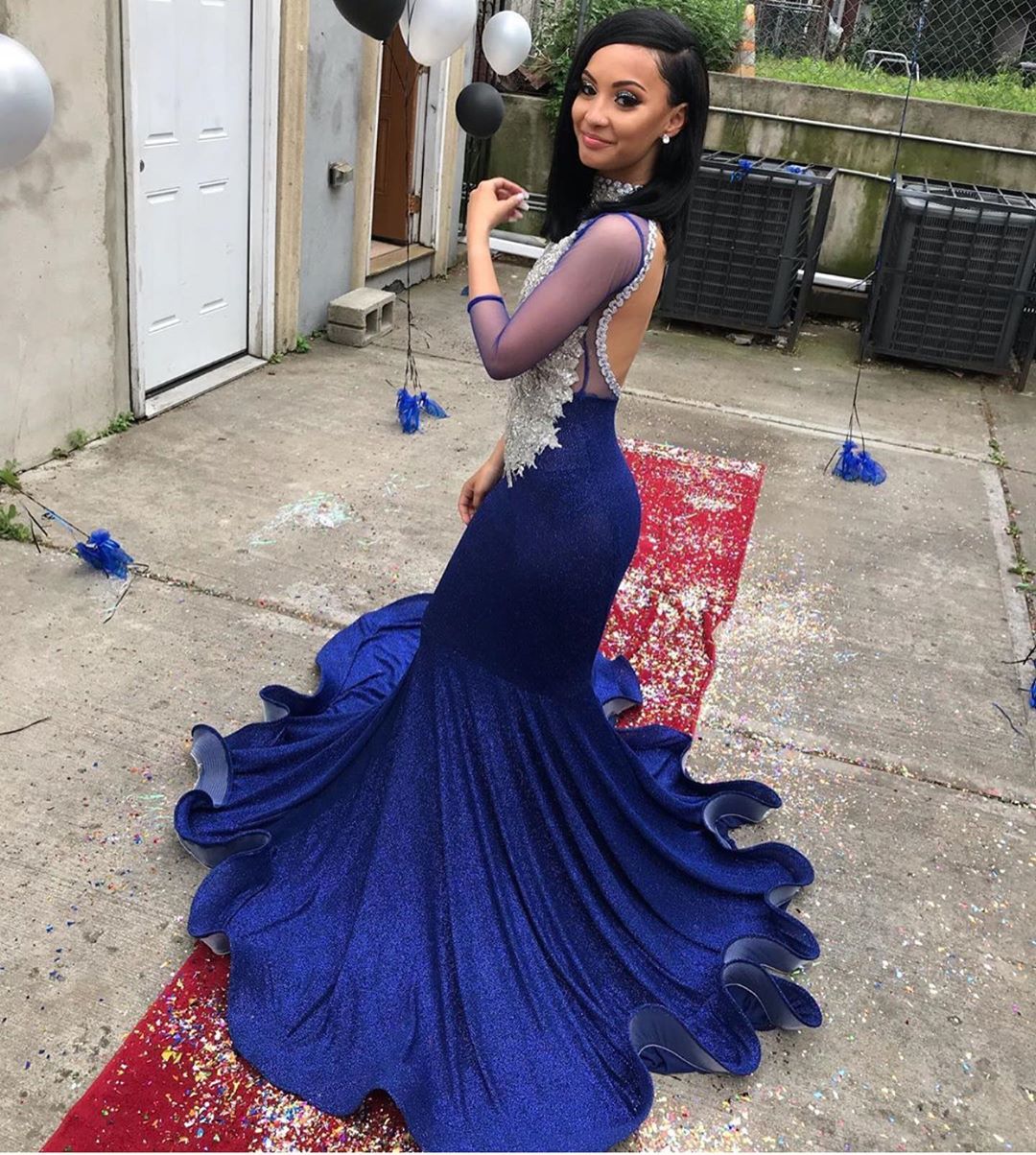 Royal Lue Eaded Mermaid Prom Dree High Neck Lace Ackle Evening Gown With Long Sleeve Plu Size Sweep Train Satin Formal Dre