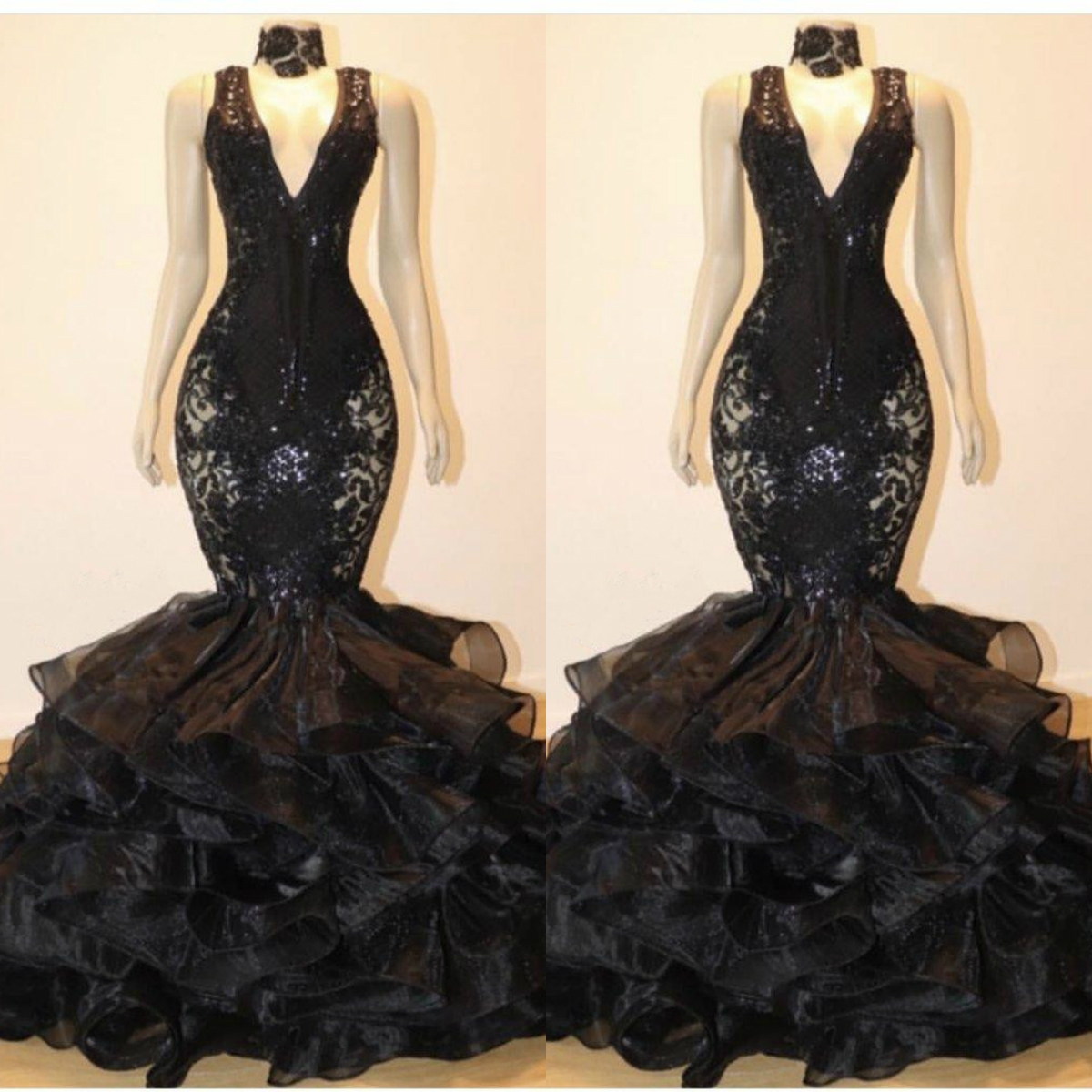 black mermaid prom dresses elegant deep v neck cascading ruffles formal evening gowns with applique lace beaded celebrity dress