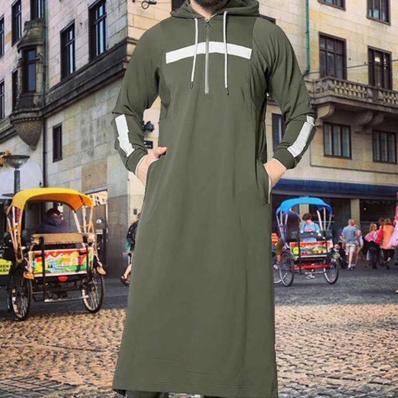 2020 New Men Gown Muslim Arabian Robe Solid Color Full Length Sweatshirt Long-sleeved Hooded Islamic Male Casual Clothing