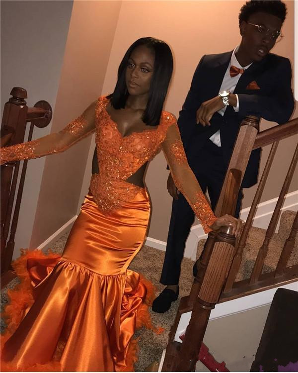 Saudi Arabia Orange Feather Prom Dresses V Neck Long Sleeves Lace Appliques Evening Gowns Plus Size Satin Mermaid Formal Wear