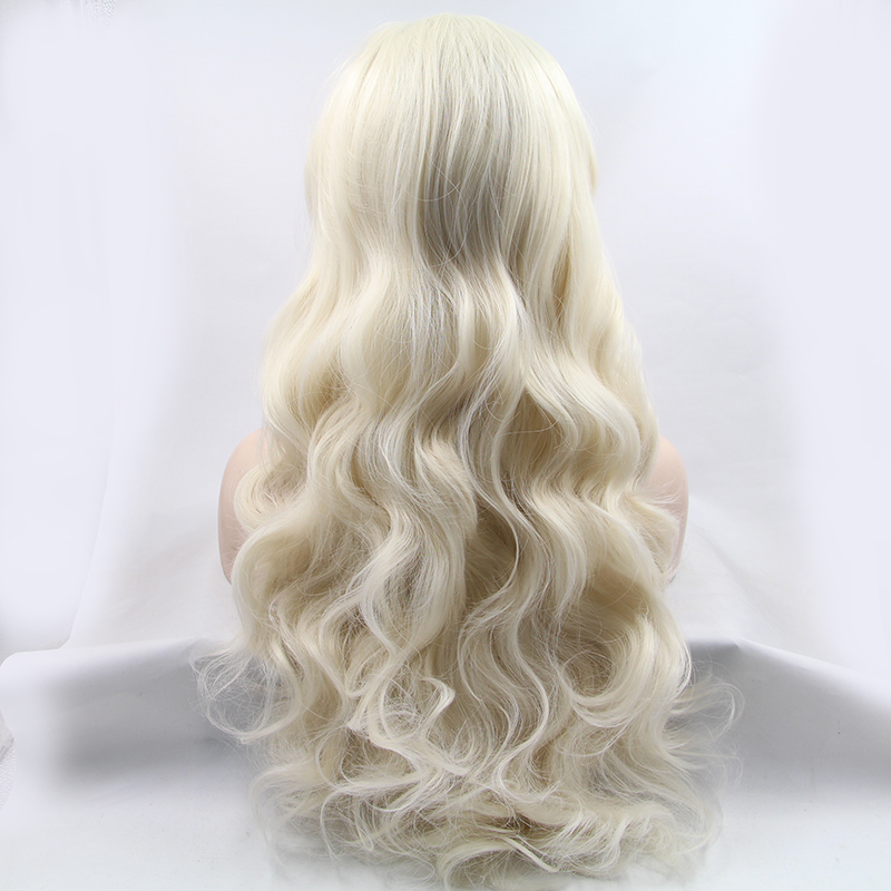 Glueless High Temperature Fiber Natural Hair Wigs yellow/blonde/ Purple Long Wavy Layered Haircut Synthetic Lace Front Wig can do ponytail