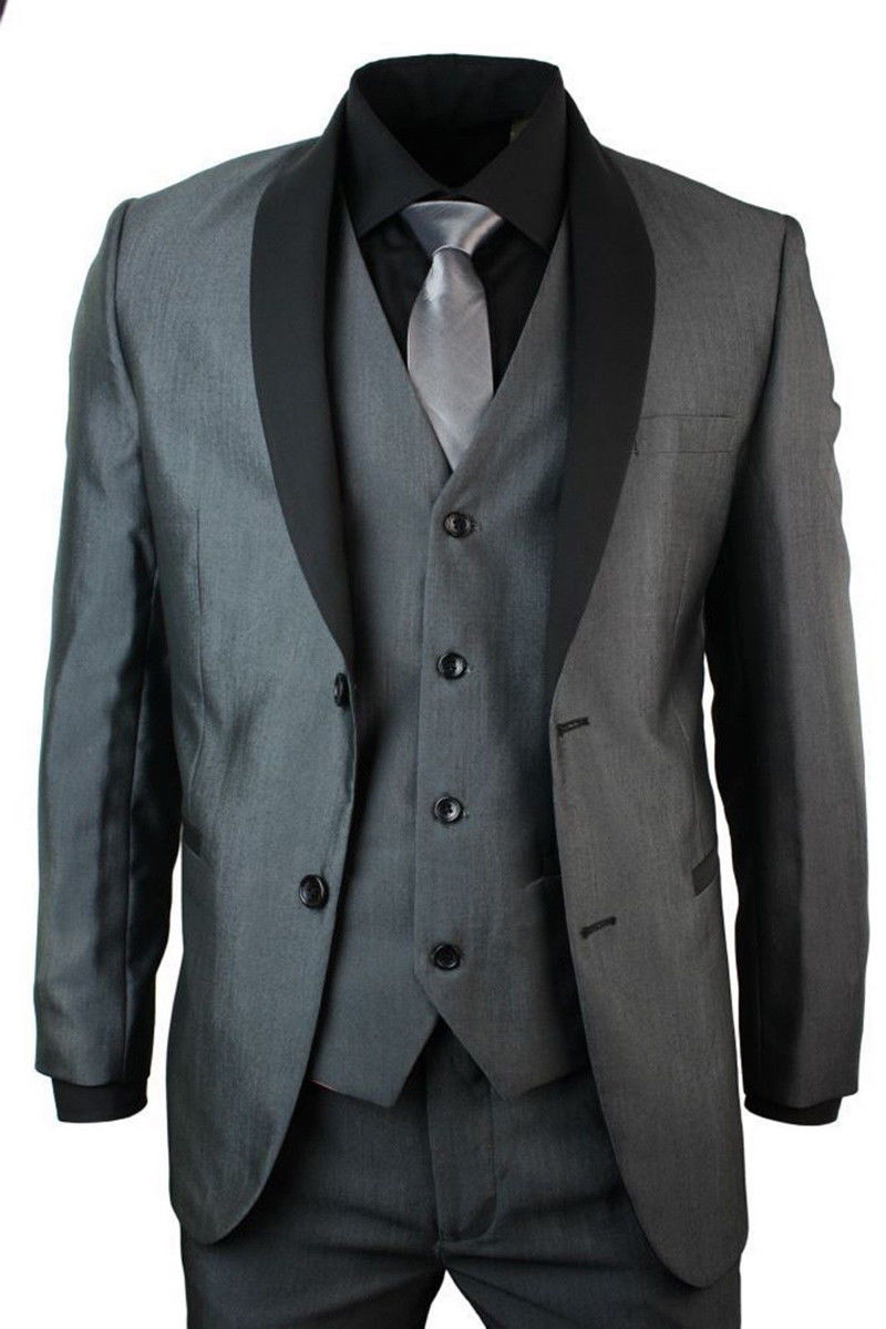 Men Slim Fit Suits Dark Grey Wedding Tuxedo With Black Shawl Lapel 3 Piece Office Wedding Dinner Party Suits
