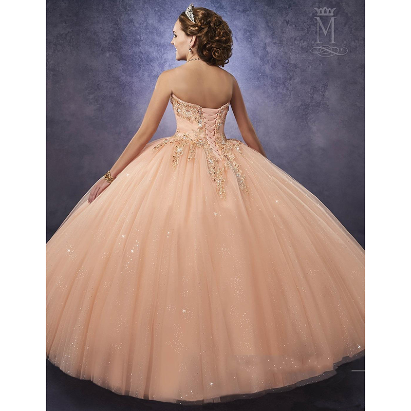 Sparkling Mary's Peach Quinceanera Dresses with Straps Waist Tulle Sweet 16 Dress Lace Up Back Prom Gowns