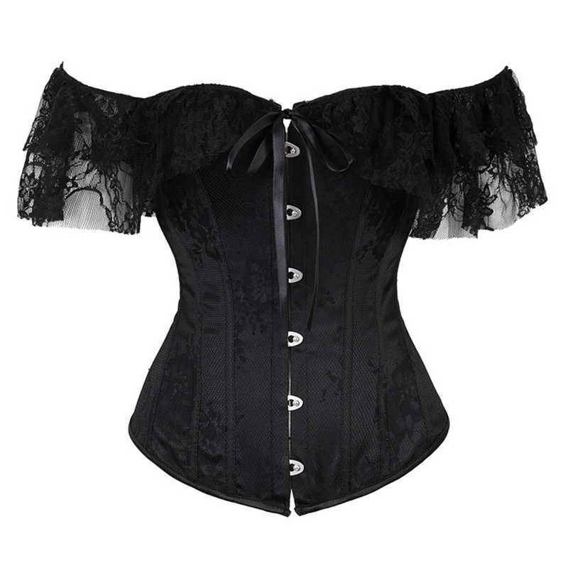 Women Push up Bra Overbust Corset Top with Dots Lace Mesh Sleeves and Black Lace Overlay Details Everyday Outwear Fashion Lace-up Shapewear