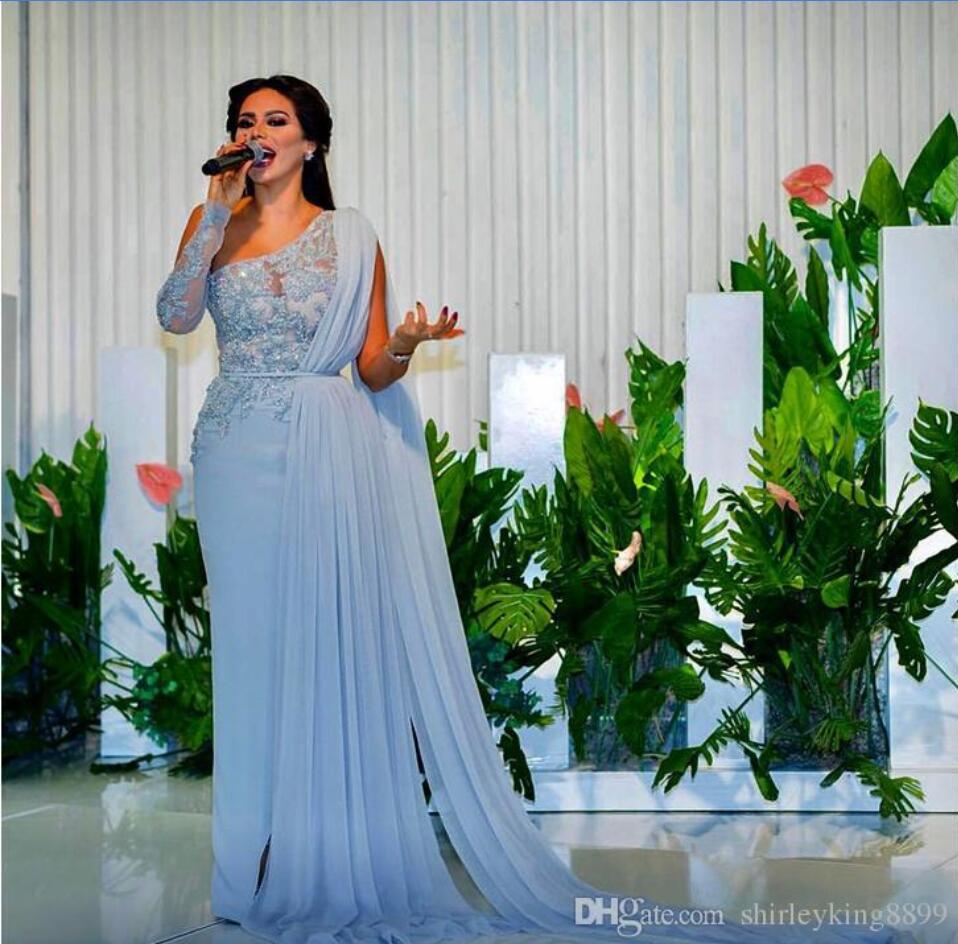 Blue Prom Dresses One Shoulder Lace Appliques Beads A Line Chiffon A Line Plus Size Evening Gowns Custom Made Formal Party Dress