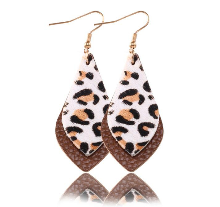 Printing Leopard drops earrings Autumn & Winter Double layers leaf real leather drop earrings for women gift GD4
