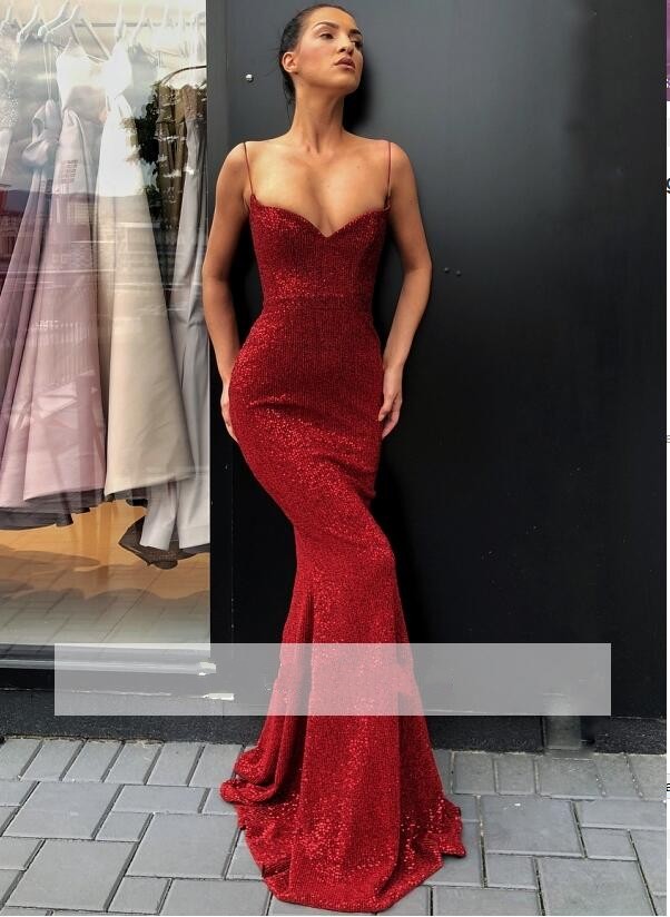 Sexy Mermaid Bling Prom Sequined Spaghetti Straps Backless Formal Evening Gowns Special Ocn Dresses Robes De Soire