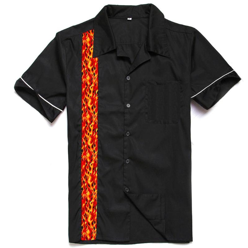 SISHION Summer Cotton Black Men Shirt ST109 Short Sleeve Rockabilly Punk Vintage Bowling Shirt Plus Size Casual Mens Shirts
