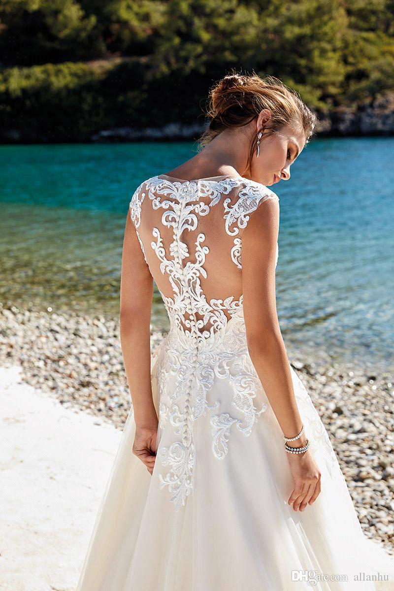 Elegant Ivory Lace Wedding Dresses Capped Sleeves Lace Appliques Illusion Back Wedding Bridal Gowns Beach Summer Wear Dress BC1310