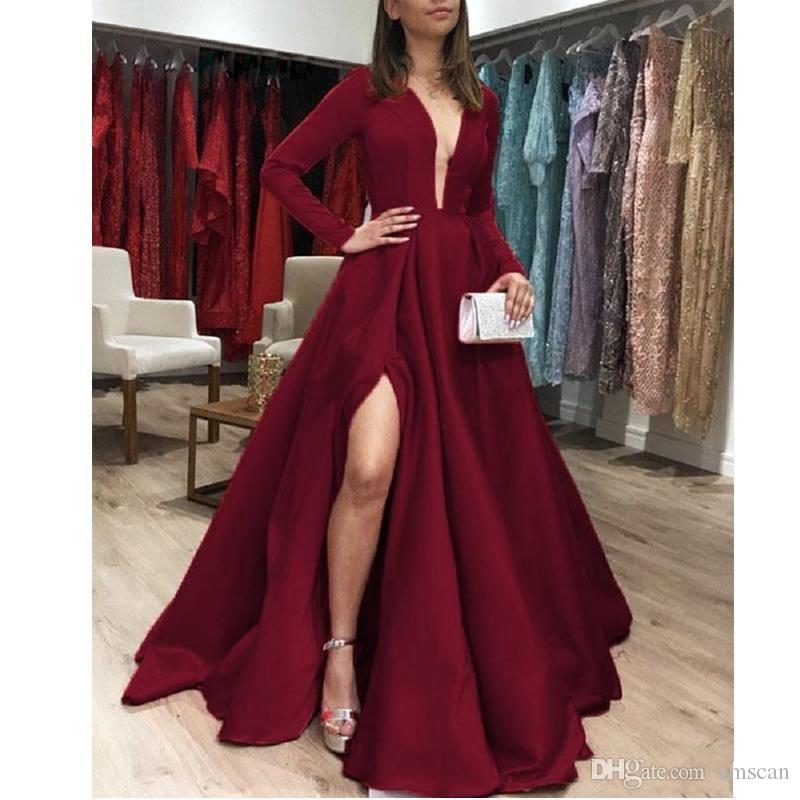 2019 Simple Burgundy Evening Dresses Long Sleeve A-line Satin Prom Dresses High Slit Deep V-Neck Sexy Formal Dresses Cheap Party Gowns, Same as picture
2019 Simple Burgundy Evening Dresses Long Sleeve A-line Satin Prom Dresses High Slit Deep V-Neck Sexy Formal Dresses Cheap Party Gowns, Same as picture