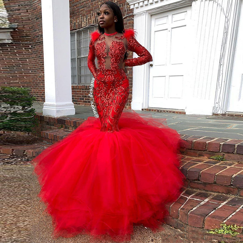 Red Sequined Black Girl Mermaid Prom Dresses With Feather Long Sleeves Formal Arabic Evening Gowns Cocktail Party Dresses