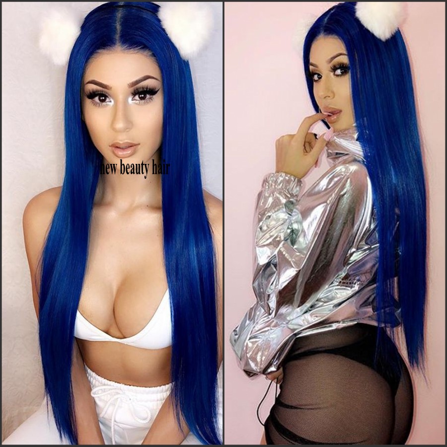 High quality simulation human hair dark blue lace frontal wig Long straight synthetic Lace Front Wig glueless for African American