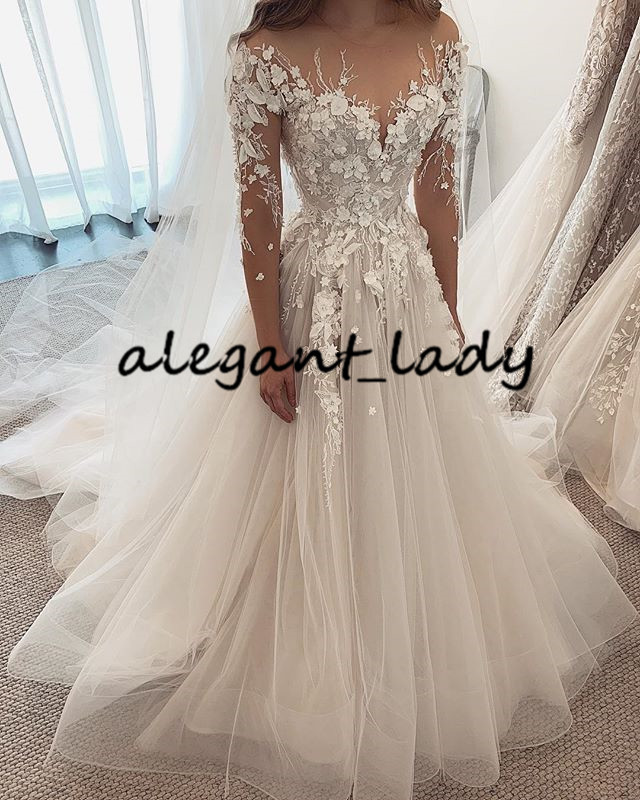 Illusion Long Sleeve Wedding Dresses 2020 Sheer Neck 3D Floral Beaded Appliqued Fairy Garden Beach Bride Gown vestido de bodas