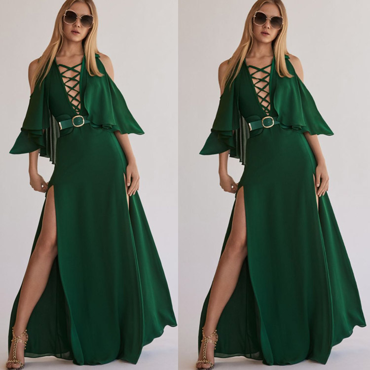 2020 New Sexy Green Prom Dresses High Split Lace Up Neck Formal Party Runway Fashion Evening Gowns