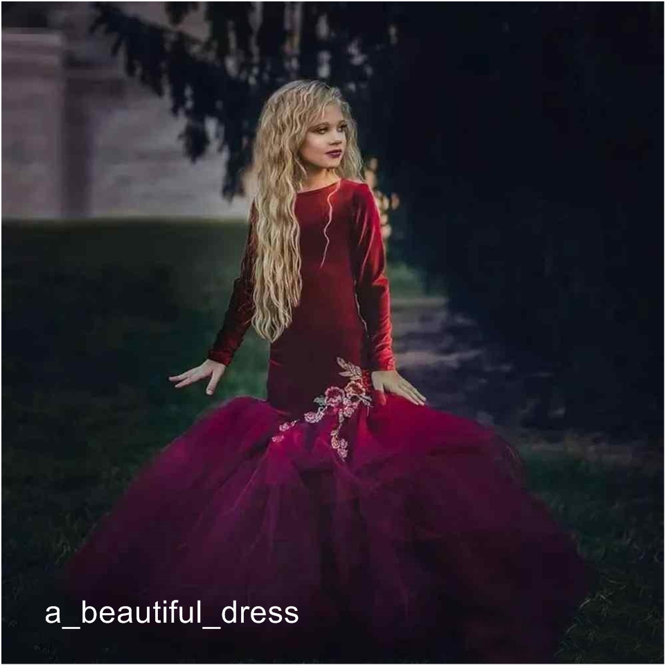 Burgundy Mermaid Velvet Girls' Pageant Dresses Ribbon Ruffle Sash Hand Made Flower Girls Dresses Long Sleeves Kids Formal Wea FG1318