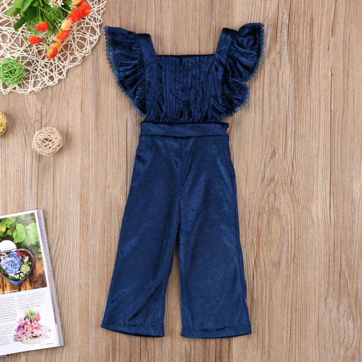 Fashion Kid Baby Girls Clothes Flying Sleeves Ruffles Backless Velvet Overalls Romper Jumpsuit Playsuit BibPants Toddler Outfits Set B11