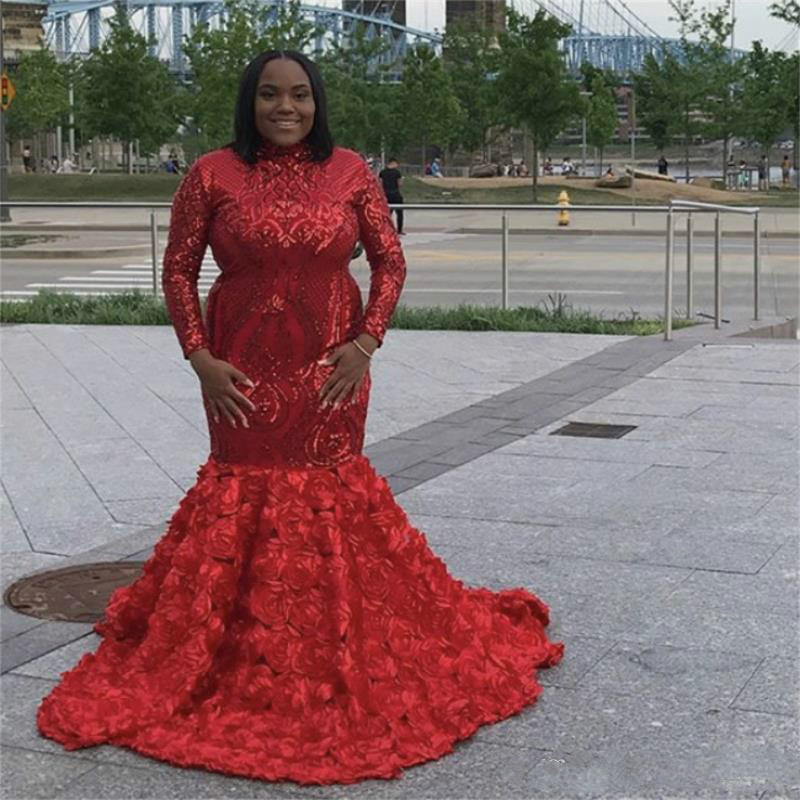 Plus Size Red Mermaid Prom Dresses High Neck Lace Applique Sequins African Grils Evening Gowns Rose Flower Skirts Cocktail Party Dress