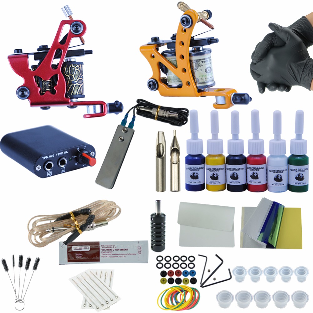 Complete Tattoo Kit 2 Tattoo Machines Gun Black Ink Set Power Supply Grips Body Arts Tools Set Permanent Makeup