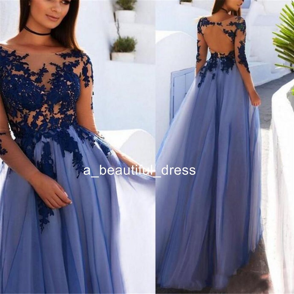 New Sheer Scoop Lace Applique A Line Prom Dresses Tulle Long Sleeves Backless Floor Length Formal Party Evening Dresses Custom Made PD5565