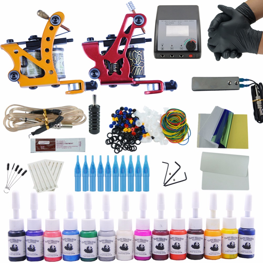 Complete Tattoo Kit 2 Tattoo Machines Gun Black Ink Set Power Supply Grips Body Arts Tools Set Permanent Makeup