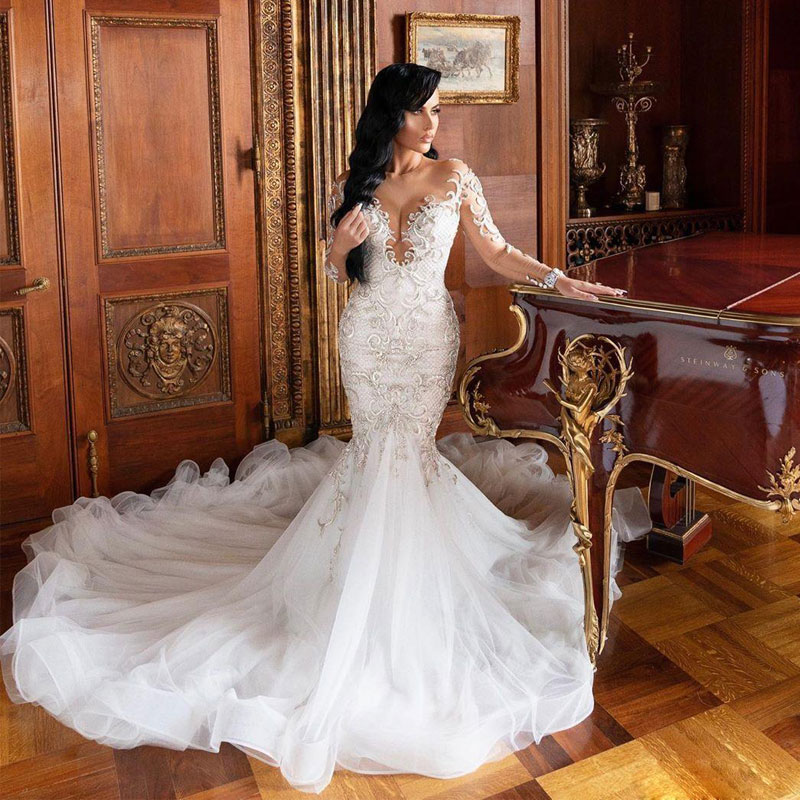 Mermaid Lace Beaded Wedding Dresses Sheer Jewel Neck Long Sleeves Bridal Gowns Chapel Train Tulle Trumpet Robe De Marie