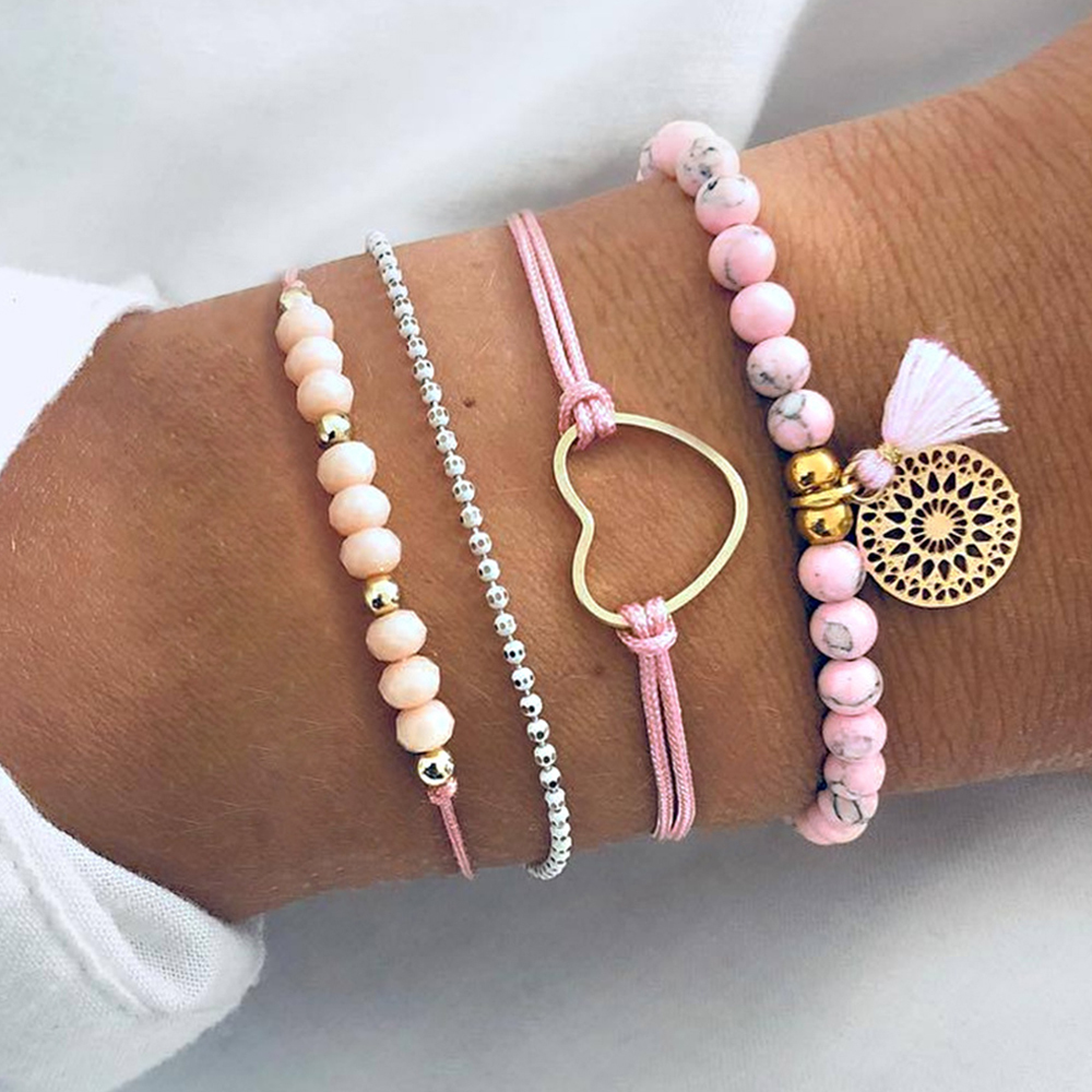 4 Pcs/set Women's Delicate Pink Gem Beads Love Heart Tassel Geometry Pendant Bracelet Set Bohemian Charm Jewelry Accessories, Golden;silver
4 Pcs/set Women's Delicate Pink Gem Beads Love Heart Tassel Geometry Pendant Bracelet Set Bohemian Charm Jewelry Accessories, Golden;silver