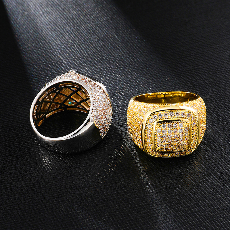 Hip Hop Iced Out Bling Full CZ Charm Tready Square Copper Zircon Ring For Men Women Jewelry Gold Silver Size 811