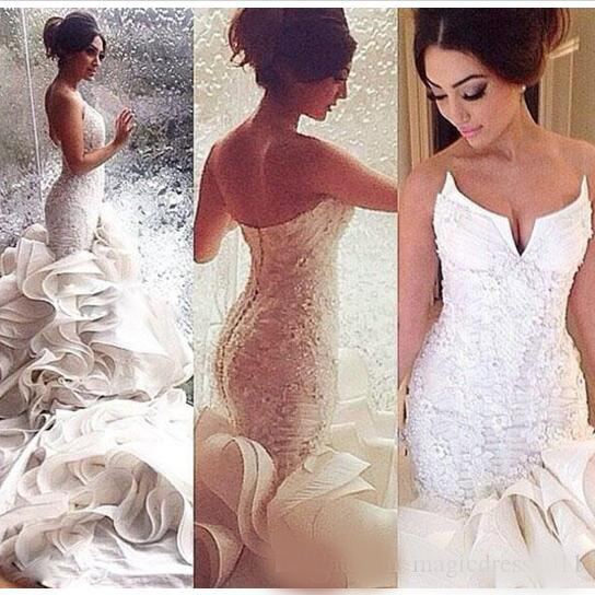 2020 Romantic Sexy Mermaid Wedding Dresses Lace Up Organza Chapel Train Lace Applique Bridal Gowns Custom Made Plus Size