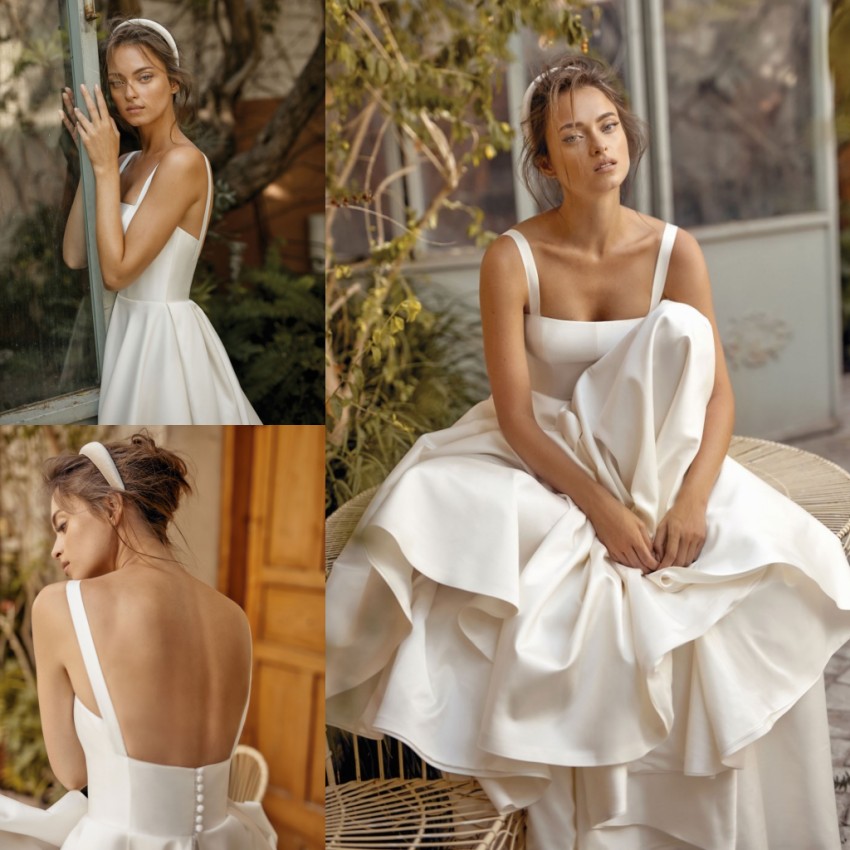 Ivory Lihi Hod Beach Wedding Dresses Square Neck Pleated Bridal Gowns A Line Sweep Train Satin Covered Buttons Back robe de mariée