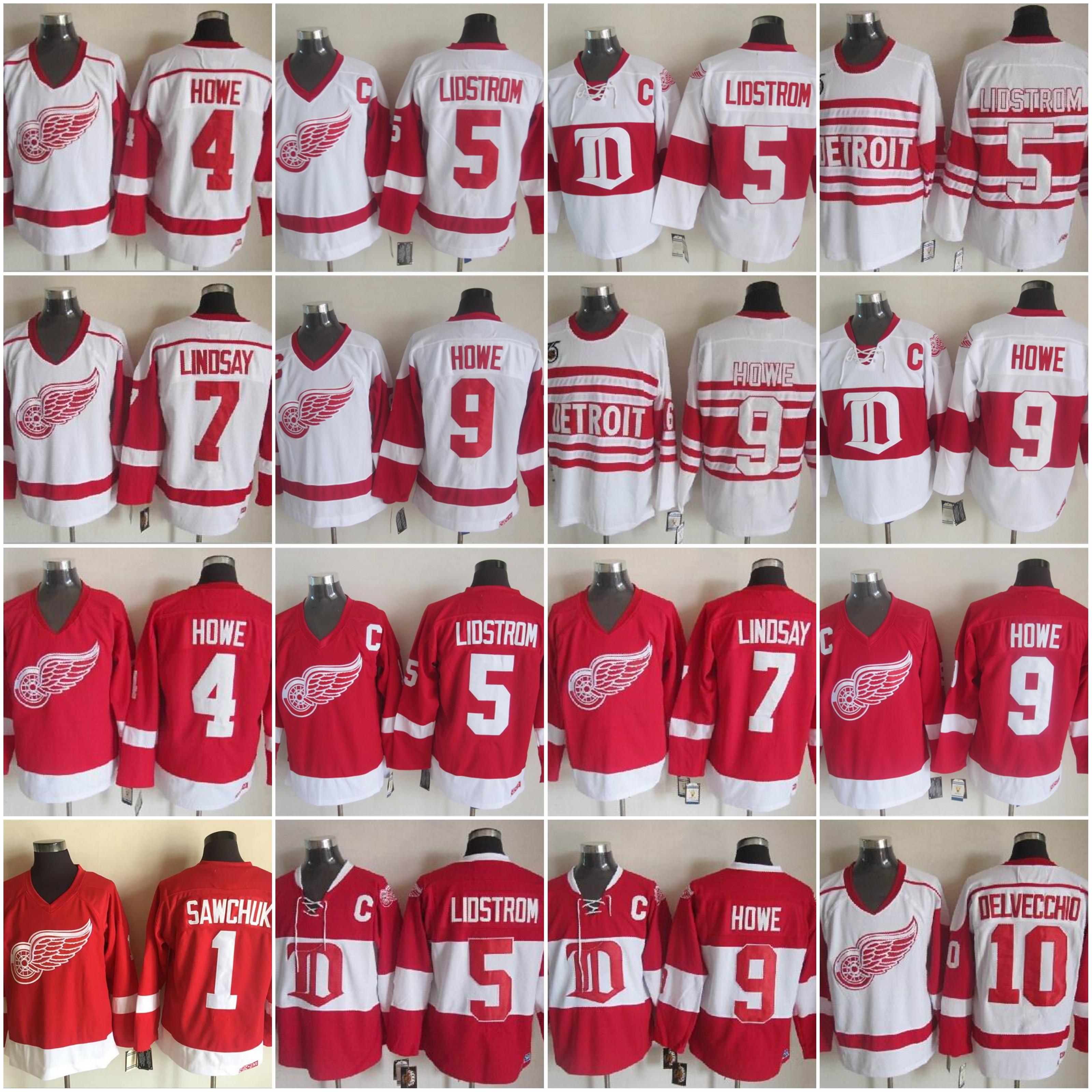 Detroit Red Wings 4 Gordie Howe 1Terry Sawchuk 5 Nicklas Lidstrom 7 Ted Lindsay 9 Gordie Howe Vintage Hockey Jersey, Black;red
Detroit Red Wings 4 Gordie Howe 1Terry Sawchuk 5 Nicklas Lidstrom 7 Ted Lindsay 9 Gordie Howe Vintage Hockey Jersey, Black;red