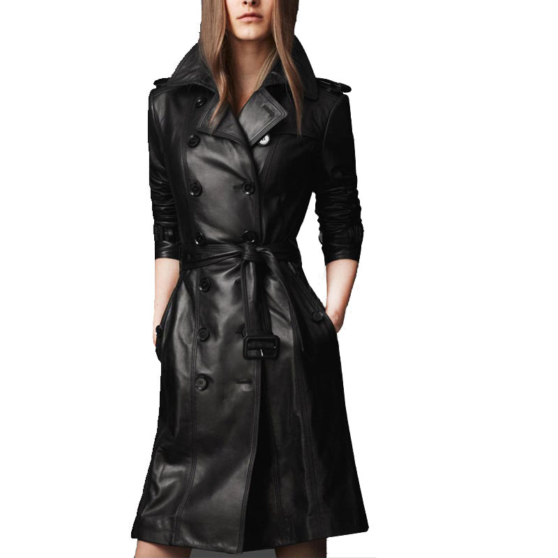 Black Faux Leather Long Jacket Women Casual Double Breasted Windbreaker Fall Fashion Coat B4